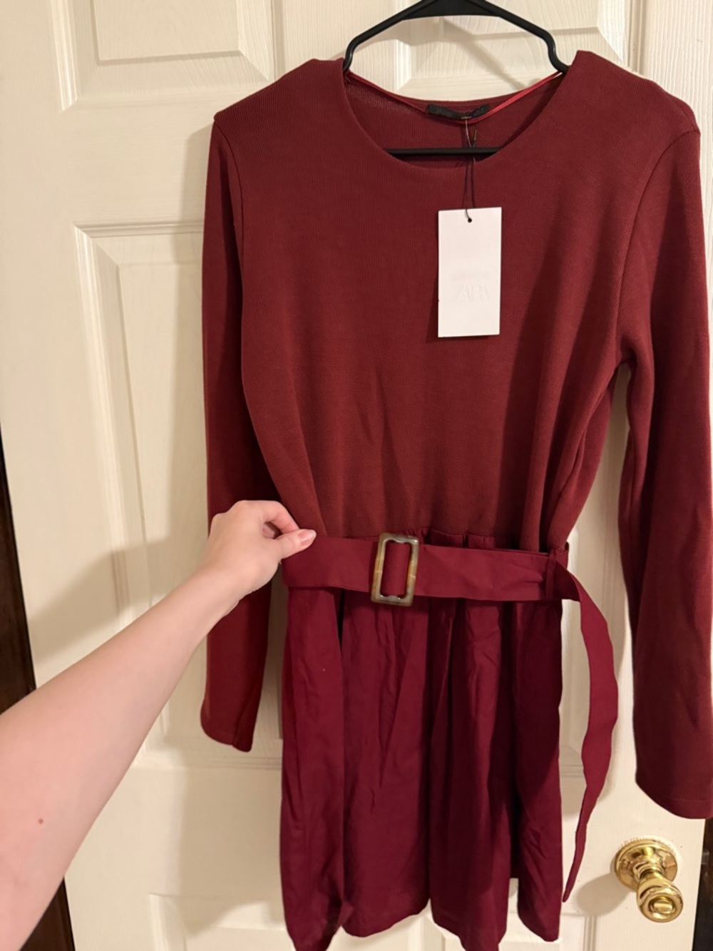Zara Burgundy Long-Sleeve Belted Dress - Picture 6 of 7